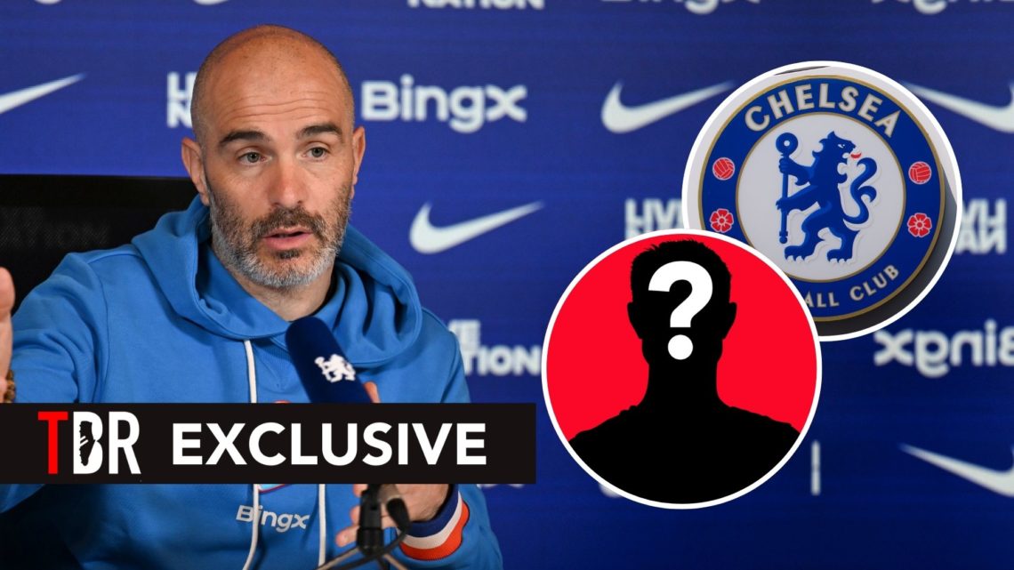 Head Coach Enzo Maresca of Chelsea attends a press conference at Chelsea Training Ground. Inset, the Chelsea badge and a mystery player.