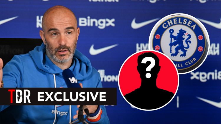 Head Coach Enzo Maresca of Chelsea attends a press conference at Chelsea Training Ground. Inset, the Chelsea badge and a mystery player.