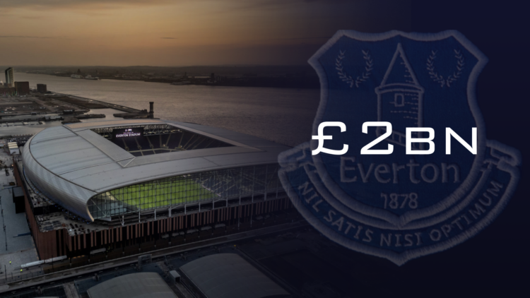 Composite image of the Everton badge and an aerial view of the Bramley Moore Dock Stadium