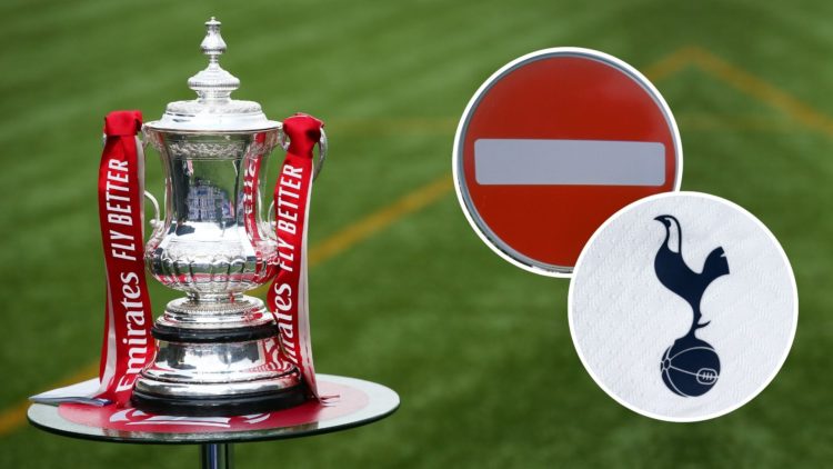 The FA Cup Trophy. Inset, a "No Entry" sign and the Tottenham badge.
