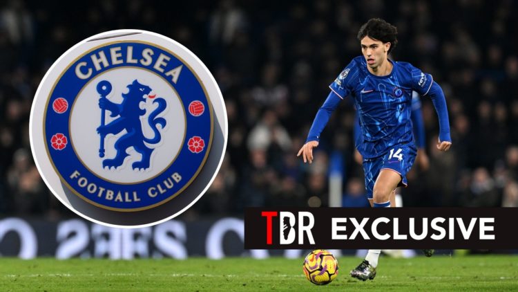 Joao Felix of Chelsea runs with the ball. Inset, the Chelsea badge.