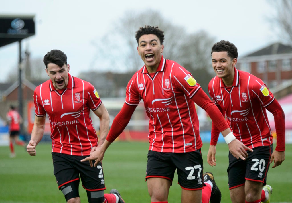 Morgan Rogers and Brennan Johnson in action for Lincoln City v Crewe Alexandra in Sky Bet League One