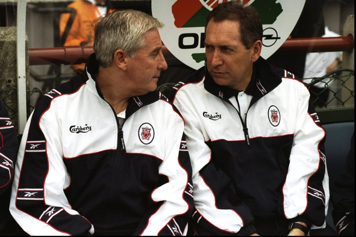 1 Aug 1998:  The Liverpool management team of Roy Evans and Gerard Houllier chat on the bench during the pre-season tournament match against Leeds ...