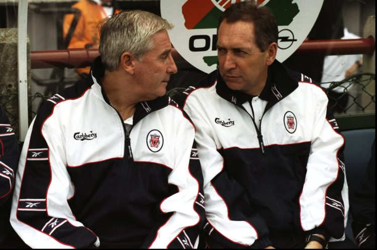 1 Aug 1998:  The Liverpool management team of Roy Evans and Gerard Houllier chat on the bench during the pre-season tournament match against Leeds ...