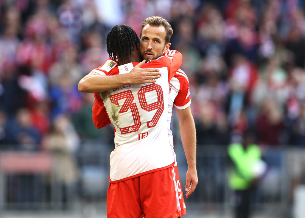 Mathys Tel and Harry Kane celebrate Bayern Munich goal against Bochum.