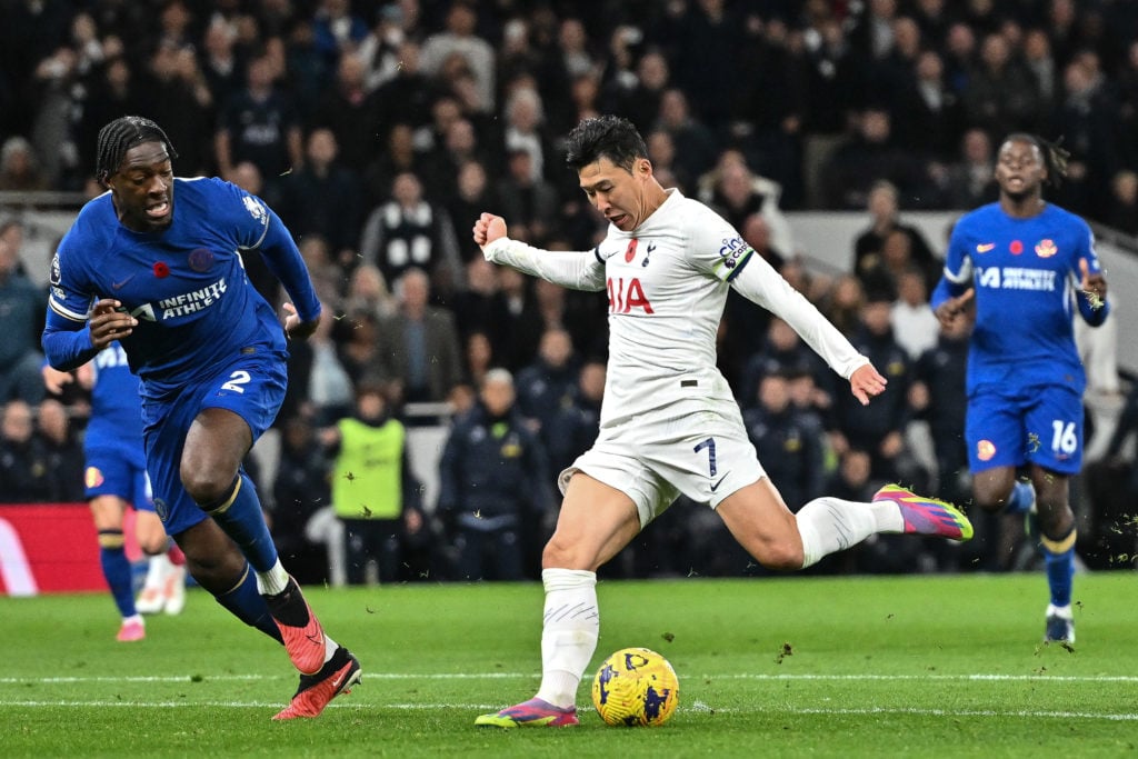 Axel Disasi of Chelsea FC and Son Heung-min of Tottenham Hotspur in action