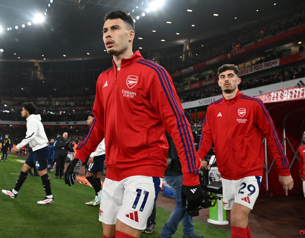 Gabriel Martinelli and Kai Havertz of Arsenal before the Premier League match between Arsenal FC and Aston Villa FC at Emirates Stadium on January ...