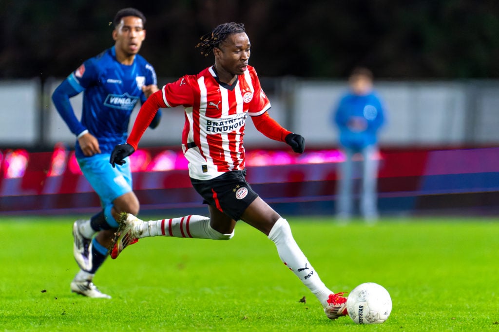 Joel Ndala of Jong PSV in action during the Dutch Keuken Kampioen Divisie match between Jong PSV and VVV-Venlo at PSV Campus De Herdgang on January...