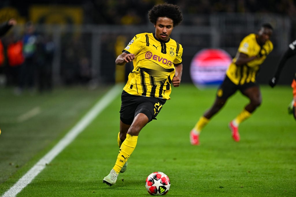 Karim Adeyemi of Dortmund in action during the UEFA Champions League 2024/25 League Phase MD8 match between Borussia Dortmund and FC Shakhtar Donet...