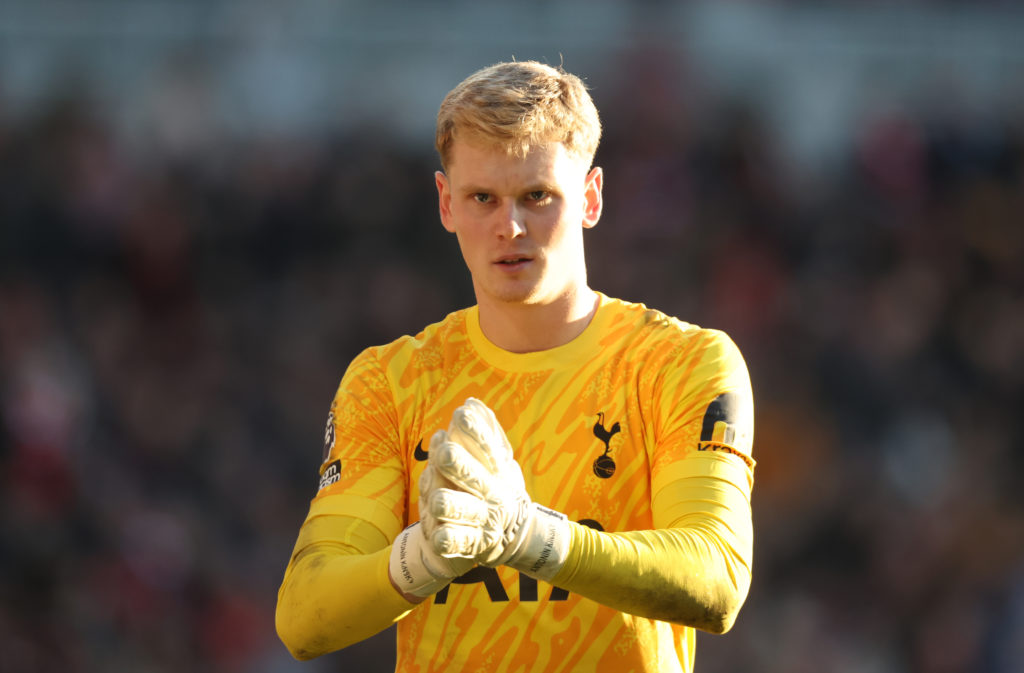 Tottenham Hotspur goalkeeper Antonin Kinsky in action v Brentford