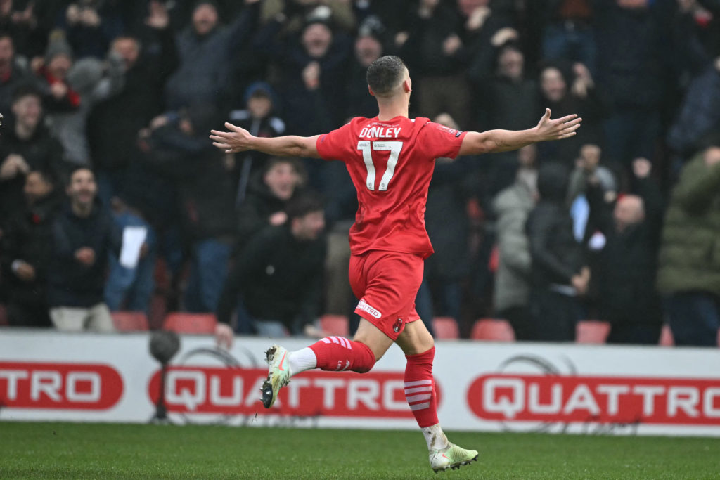 Tottenham loanee Jamie Donley celebrates after scoring for Leyton Orient against Manchester City.
