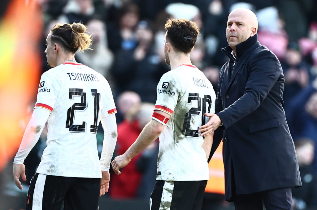 Arne Slot and Diogo Jota after Liverpool's FA Cup match against Plymouth.