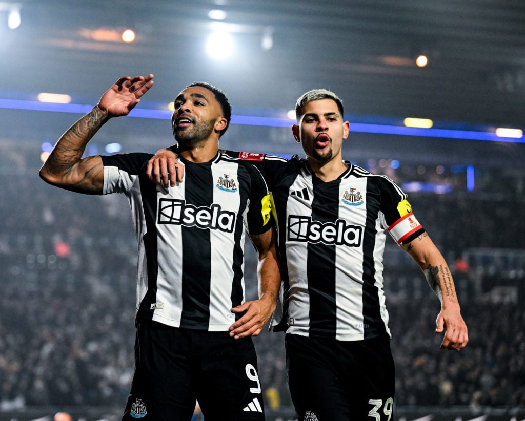 Callum Wilson of Newcastle United (9) celebrates with teammate Bruno Guimaraes (R) after scoring the second goal during the Emirates FA Cup Fourth ...