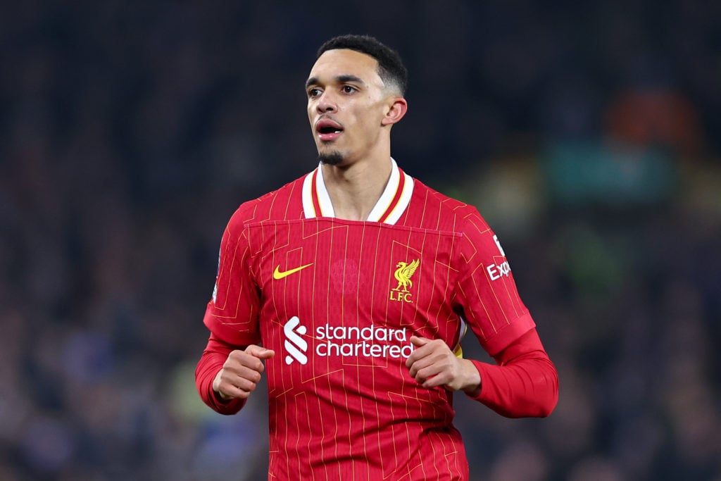 Trent Alexander-Arnold of Liverpool during the Premier League match between Everton FC and Liverpool FC at Goodison Park on February 12, 2025 in Li...