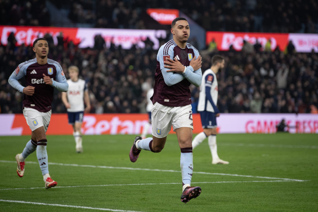 Morgan Rogers of Aston Villa celebrates scoring his team's second goal during the Emirates FA Cup Fourth Round match between Aston Villa and Tottenham Hotspur at Villa Park on February 9, 2025