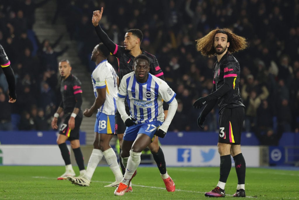 Yankuba Minteh of Brighton & Hove Albion celebrates after he scored for 3-0 during the Premier League match between Brighton & Hove Albion ...