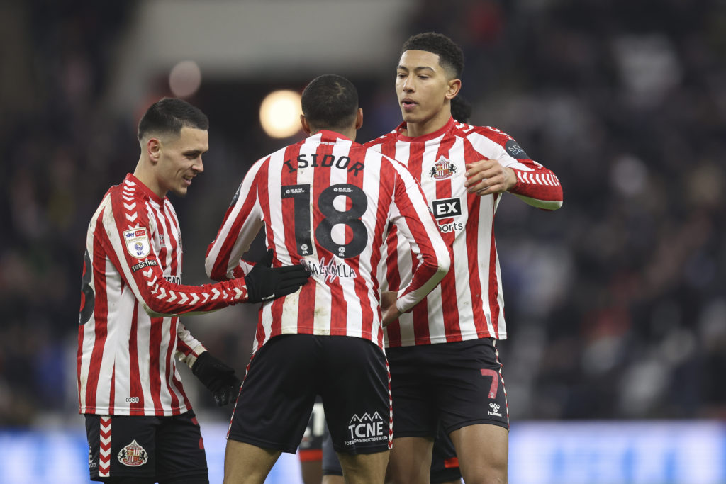 Sunderland players celebrate after scoring against Luton Town in the Championship.
