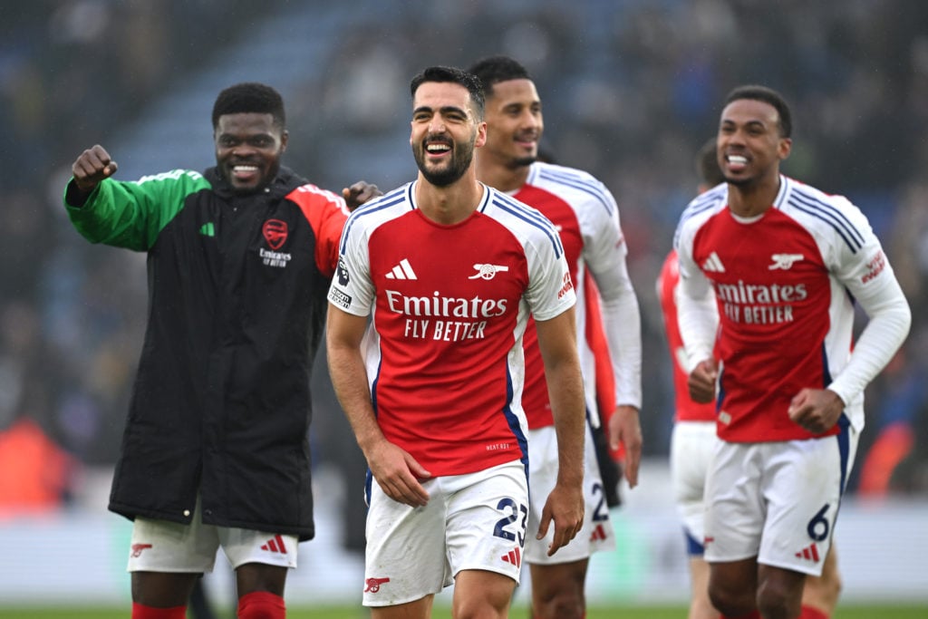 Mikel Merino of Arsenal celebrates victory after the Premier League match between Leicester City FC and Arsenal FC at The King Power Stadium on Feb...