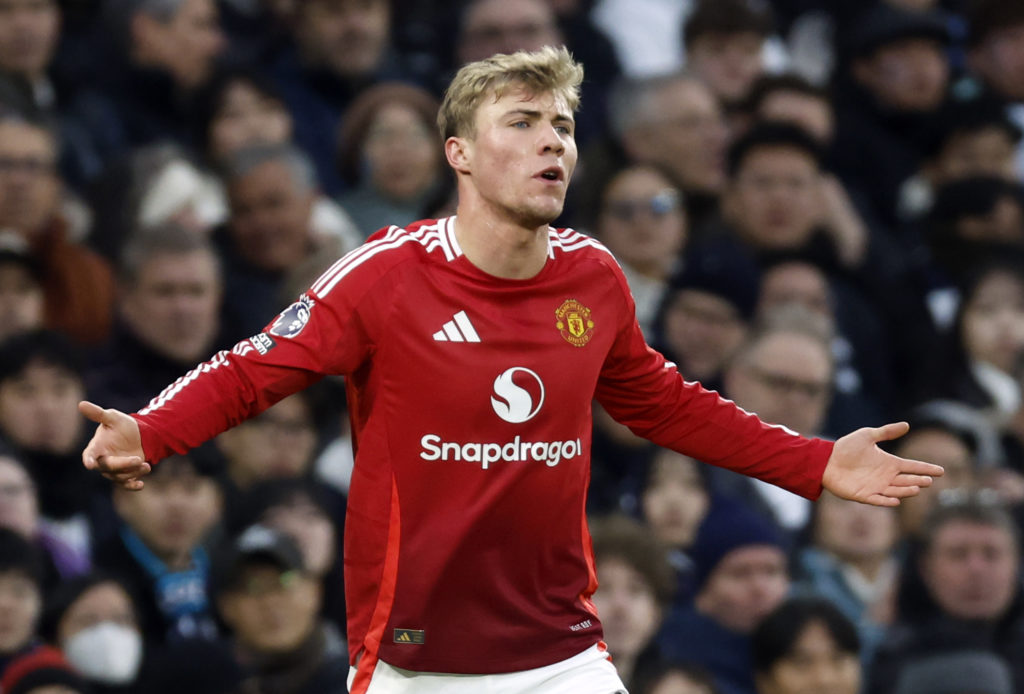 Rasmus Hojlund of Manchester United shouting during the Premier League match between Tottenham Hotspur FC and Manchester United FC at Tottenham Hotspur Stadium on February 16, 2025