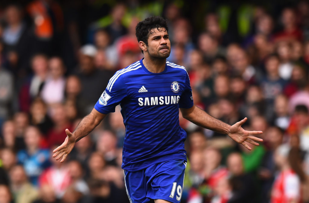 Diego Costa celebrates after scoring for Chelsea against Arsenal.