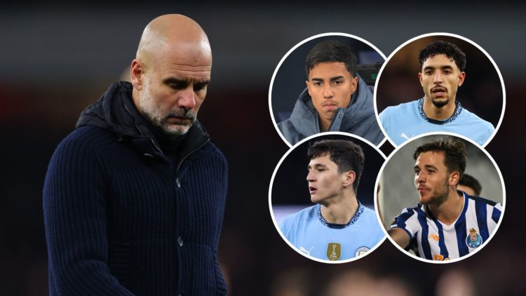 Pep Guardiola. Inset, Omar Marmoush, Nico Gonzalez, Vitor Reis and Abdukodir Khusanov