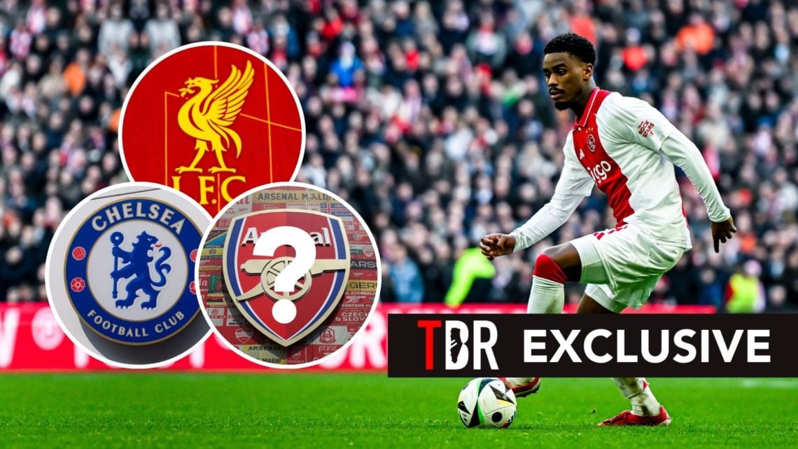 AFC Ajax Amsterdam defender Jorrel Hato plays during the match between Ajax and Feyenoord. Inset, Liverpool, Chelsea, and Arsenal badges. There is ...