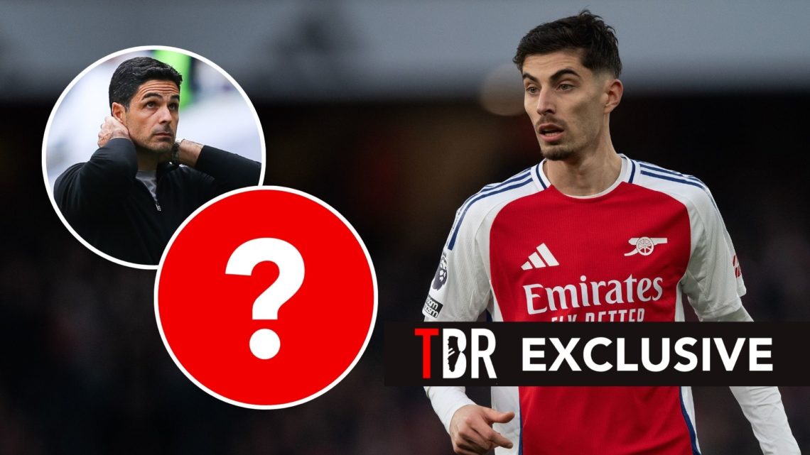 Kai Havertz. Inset, Mikel Arteta looking upset and a question mark