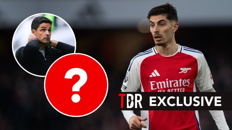 Kai Havertz. Inset, Mikel Arteta looking upset and a question mark