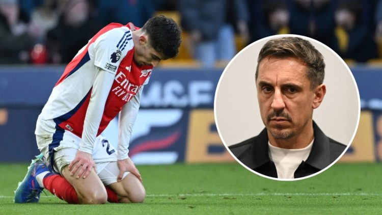 Kai Havertz on his knees on the field, looking downcast. Inset, Gary Neville looking serious.