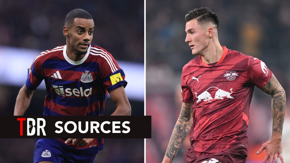 Split image of Alexander Isak of Newcastle United in action, and Benjamin Sesko of RB Leipzig in action. Overlaid, the TBR Sources banner.