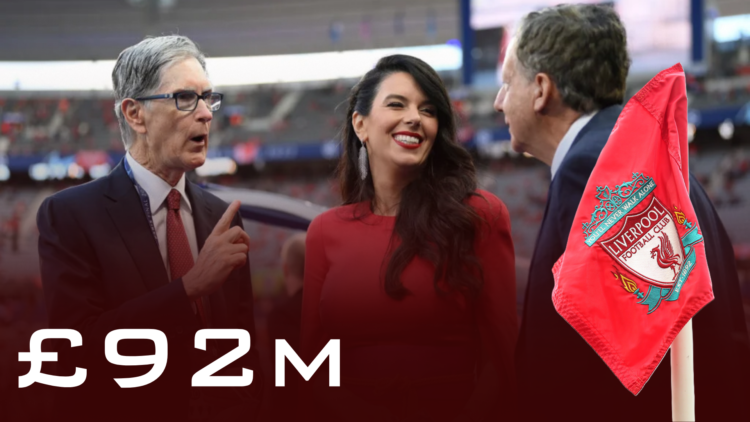 FSG president John Henry and his wife Linda Pizzuti speak with Tom Werner, with the Liverpool badge superimposed in the foreground