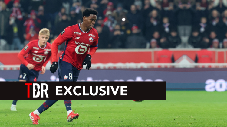 Lille's Canadian forward Jonathan David #09 shoot a penalty and scores during the French L1 football match with a TBR Exclusive banner