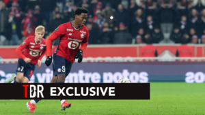 Lille's Canadian forward Jonathan David #09 shoot a penalty and score with a TBR Exclusive banner