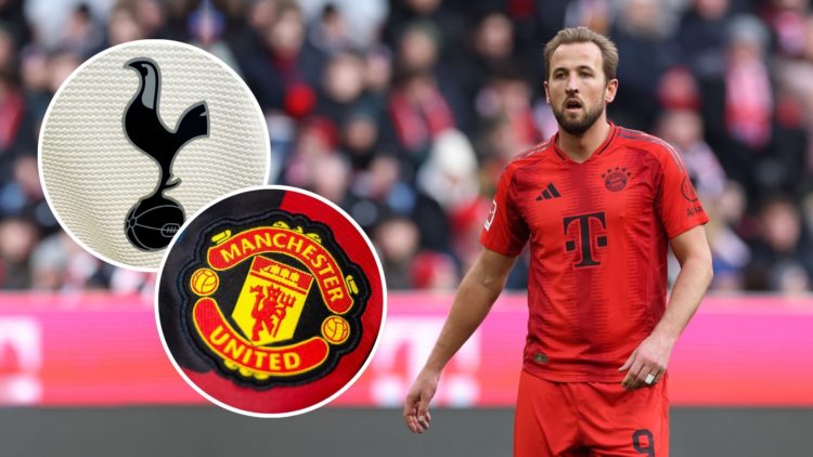 Harry Kane. Inset, Tottenham and Manchester United badges.