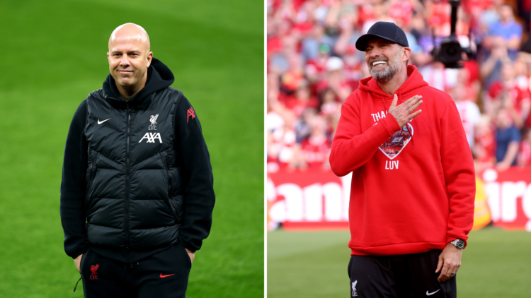 Two way split image of (L) Arne Slot prior to Premier League match between Aston Villa FC and Liverpool FC and (R) Jurgen Klopp showing appreciatio...