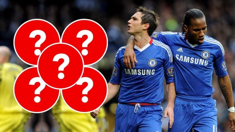 Frank Lampard (L) of Chelsea celebrates scoring the opening goal from the penalty spot with teammate Didier Drogba. Inset, five question marks.