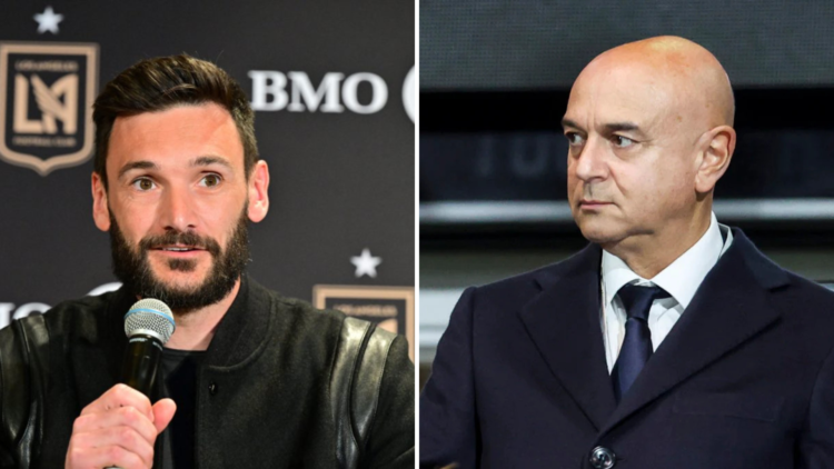 Two way split image of (L) Hugo Lloris speaking in a press conference in Los Angeles and (R) Tottenham chairman Daniel Levy looking on at the Vital...