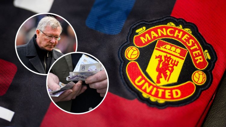 Manchester United badge. Inset, a dejected Sir Alex Ferguson and a pile of money.