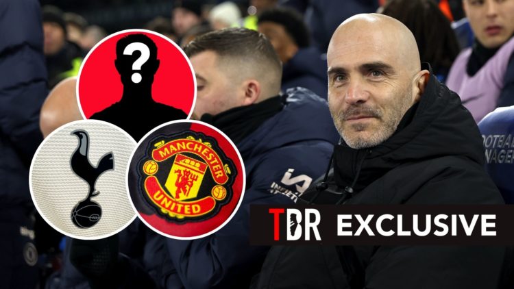 Enzo Maresca looks on. Inset, the badges of Tottenham and Manchester United alongside a mystery player.