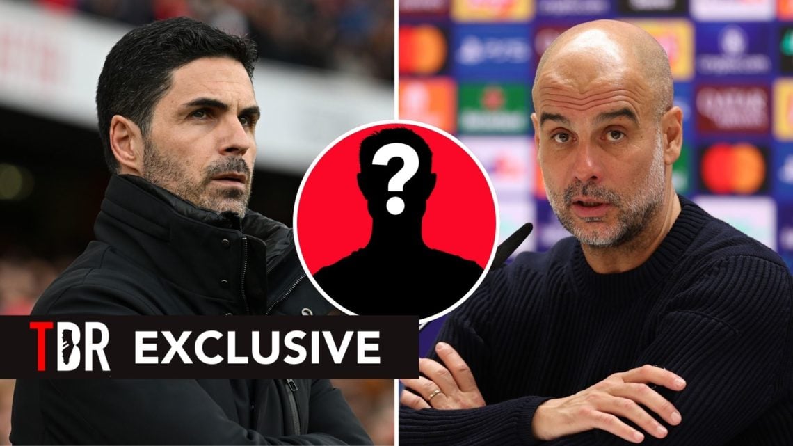 Split image of Mikel Arteta looking on before the Premier League match, and Pep Guardiola speaking at a press conference. Inset, a mystery player.