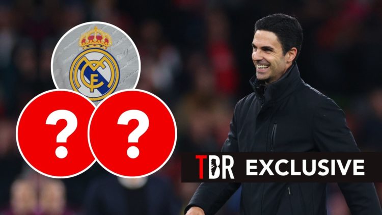 Mikel Arteta celebrates. Inset, the Real Madrid badge and two question marks.