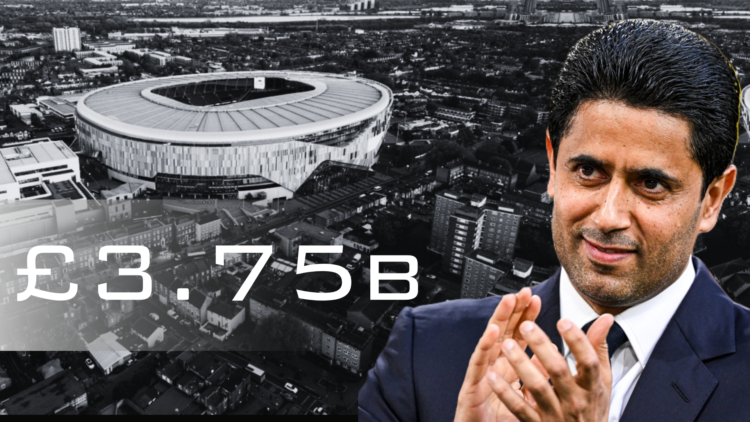 Paris Saint-Germain president Nasser Al-Khelaifi superimposed over an aerial view of the Tottenham Hotspur Stadium