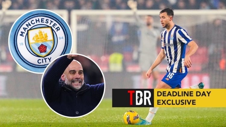 Nicolás González of FC Porto passes the ball during the Liga Portugal Betclic match. Inset, Pep Guardiola and the Manchester City badge.
