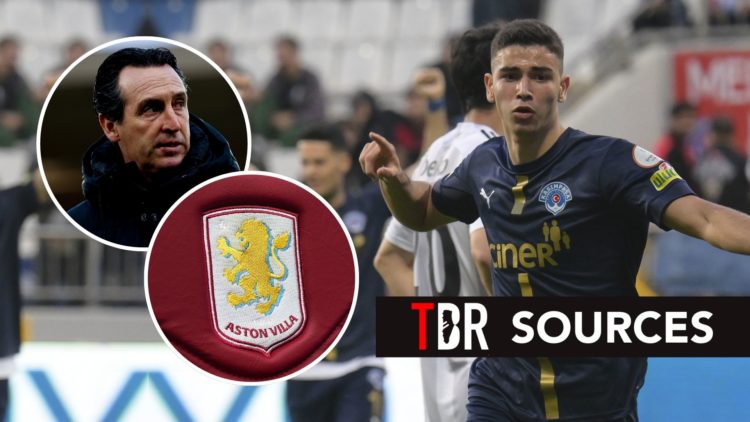 Yasin Ozcan of Kasimpasa celebrates after scoring a goal. Inset, Unai Emery and the Aston Villa badge. Overlaid, the TBR Sources banner.