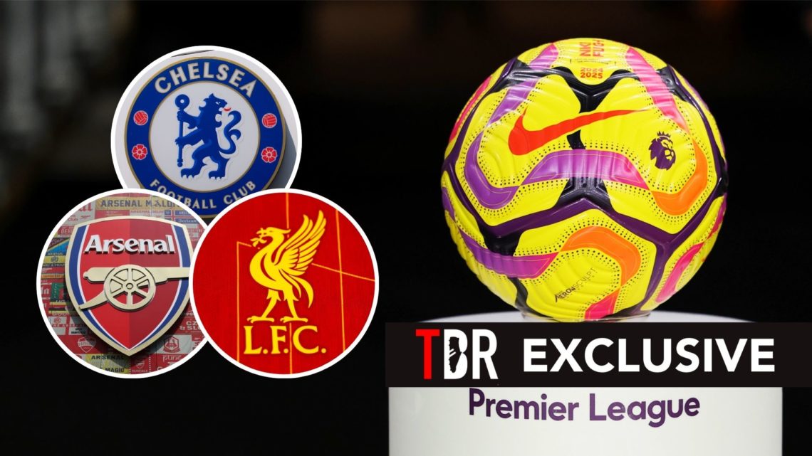 Premier League ball on a podium. Inset, the badges of Arsenal, Chelsea, and Liverpool.