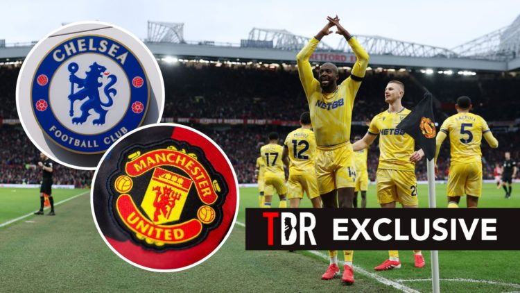 Crystal Palace players celebrate at Old Trafford. Inset, Manchester United and Chelsea badges.