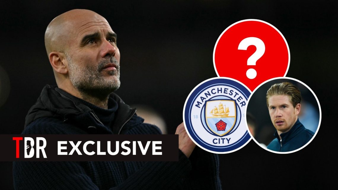 Pep Guardiola. Inset, Kevin De Bruyne, the Manchester City badge, and a question mark.
