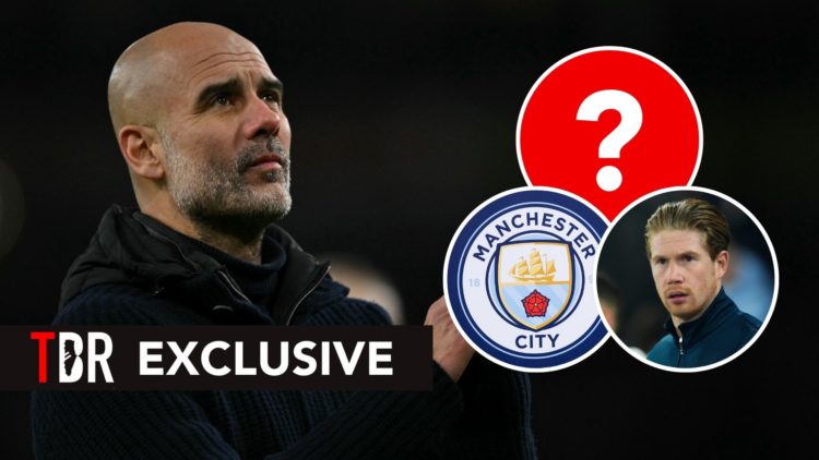Pep Guardiola. Inset, Kevin De Bruyne, the Manchester City badge, and a question mark.