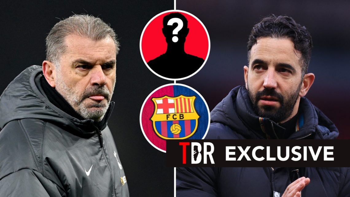 Split image of Ange Postecoglou and Ruben Amorim. Inset, the Barcelona badge and a mystery player.