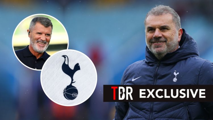 Ange Postecoglou. Inset, Tottenham badge and Roy Keane.
